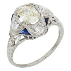 Art Deco 0.70 carat old mine cut diamond sapphire platinum engagement ring