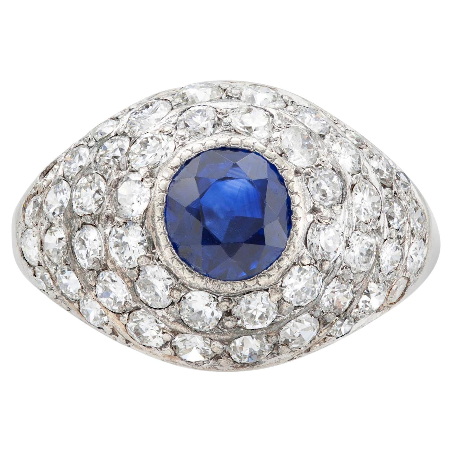 Art Deco 0.70 Carat Sapphire and Diamond Bombe Ring