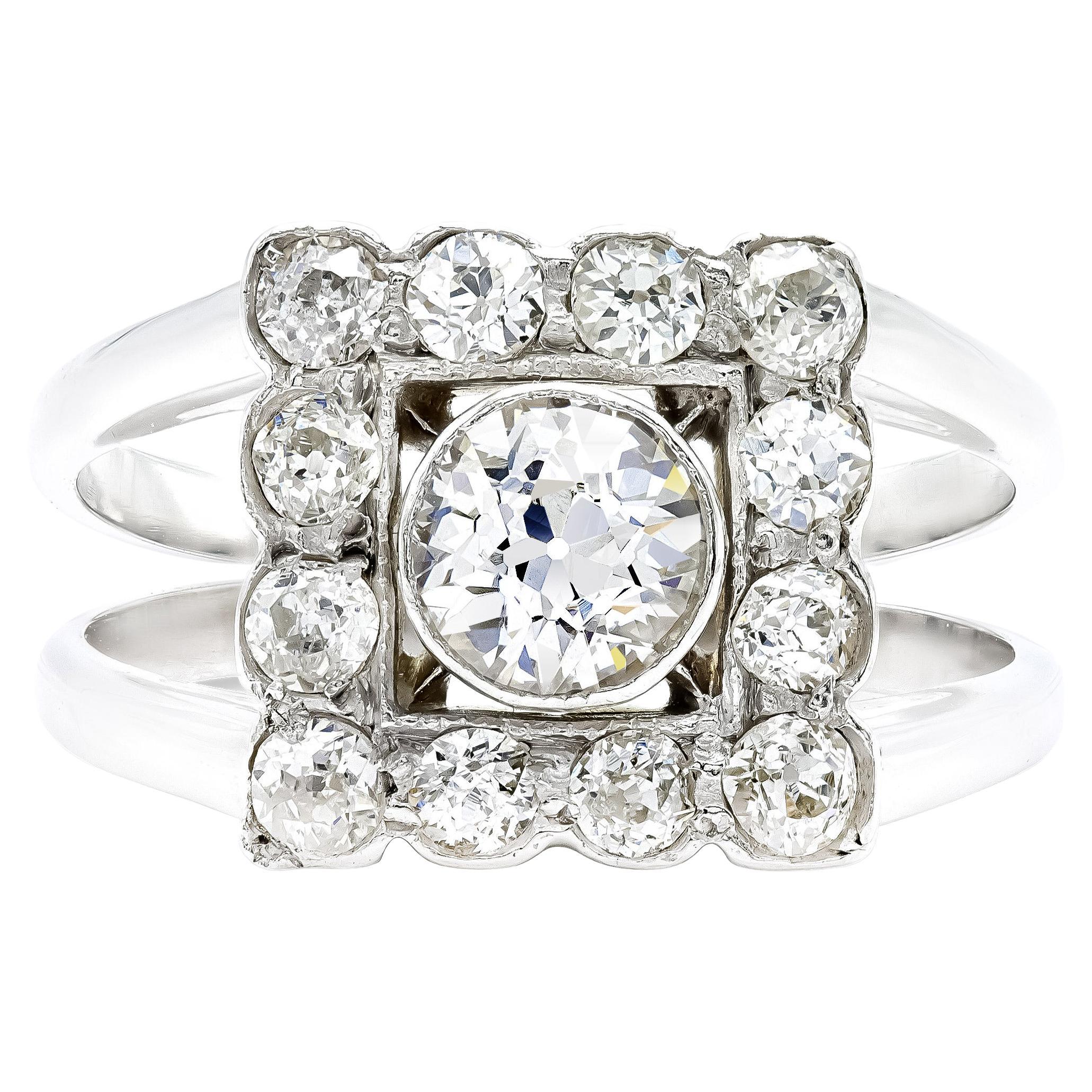 Art Deco 0.70 Ct. Old European Cut Diamond Ring H-I SI in 18k White Gold For Sale