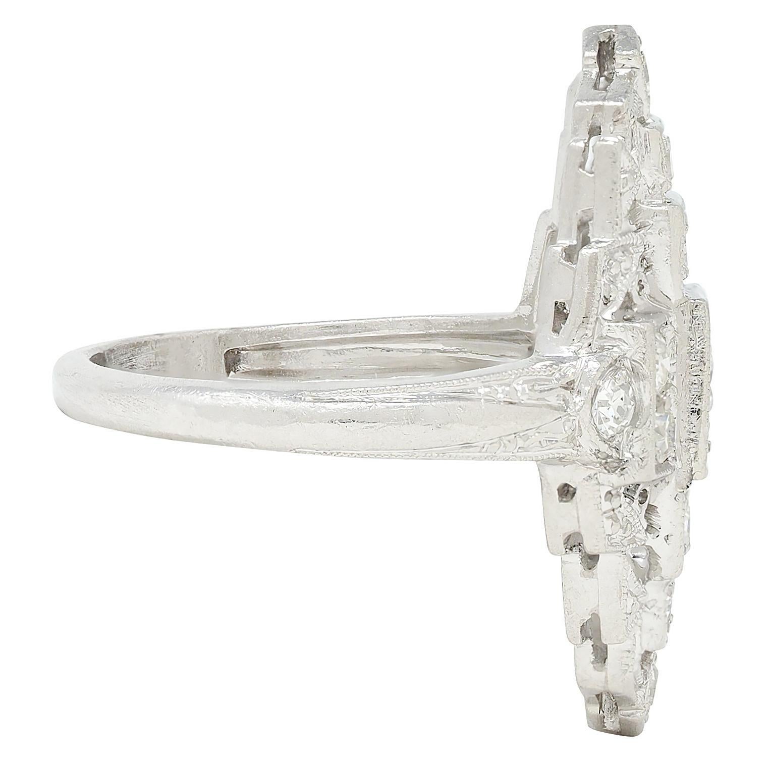 Art Déco Art Deco 0.70 CTW Diamond Platinum Vintage Stepped Navette Dinner Ring in vendita