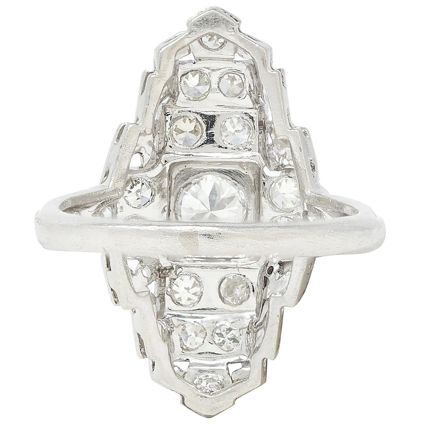 Taglio antico europeo Art Deco 0.70 CTW Diamond Platinum Vintage Stepped Navette Dinner Ring in vendita