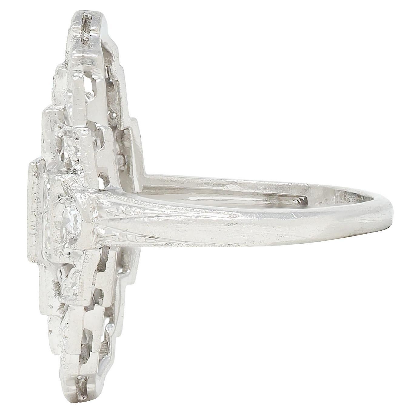 Art Deco 0.70 CTW Diamond Platinum Vintage Stepped Navette Dinner Ring In condizioni ottime in vendita a Philadelphia, PA