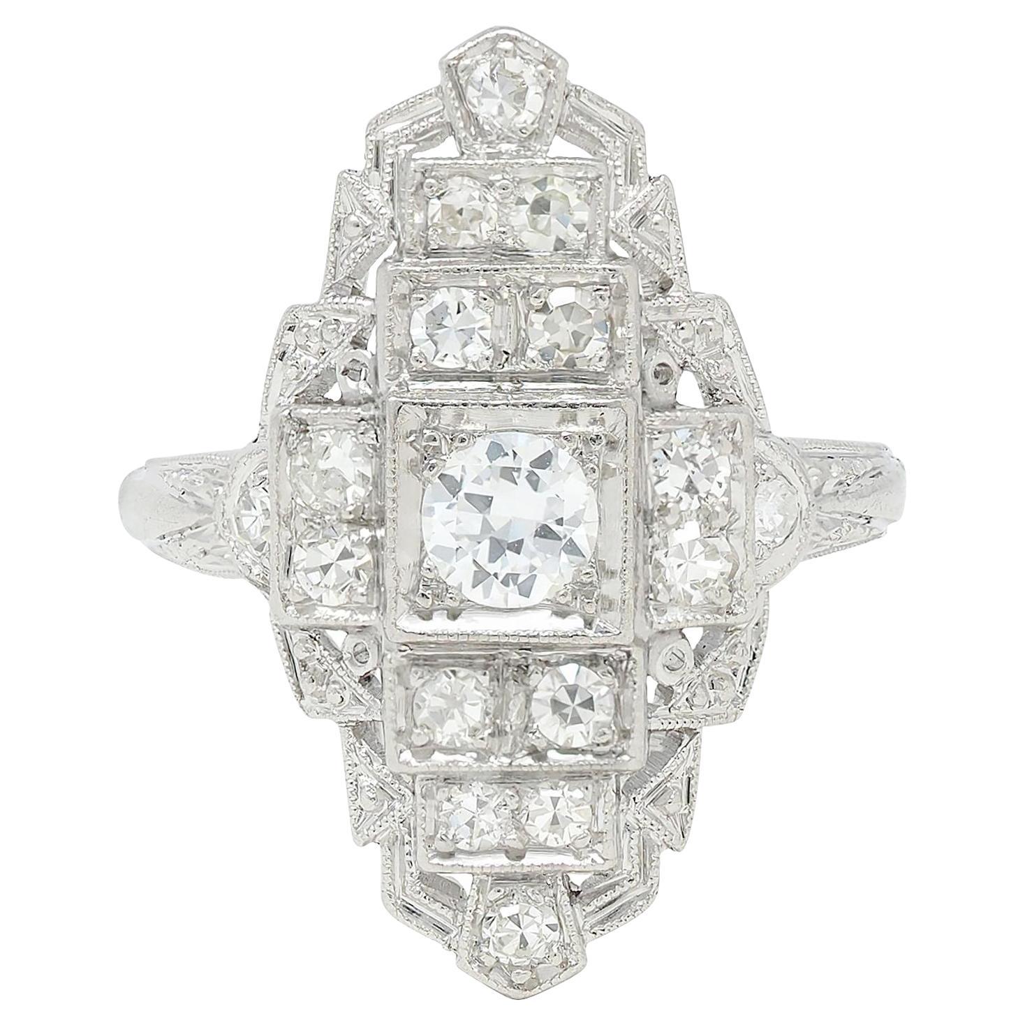 Art Deco 0.70 CTW Diamond Platinum Vintage Stepped Navette Dinner Ring in vendita