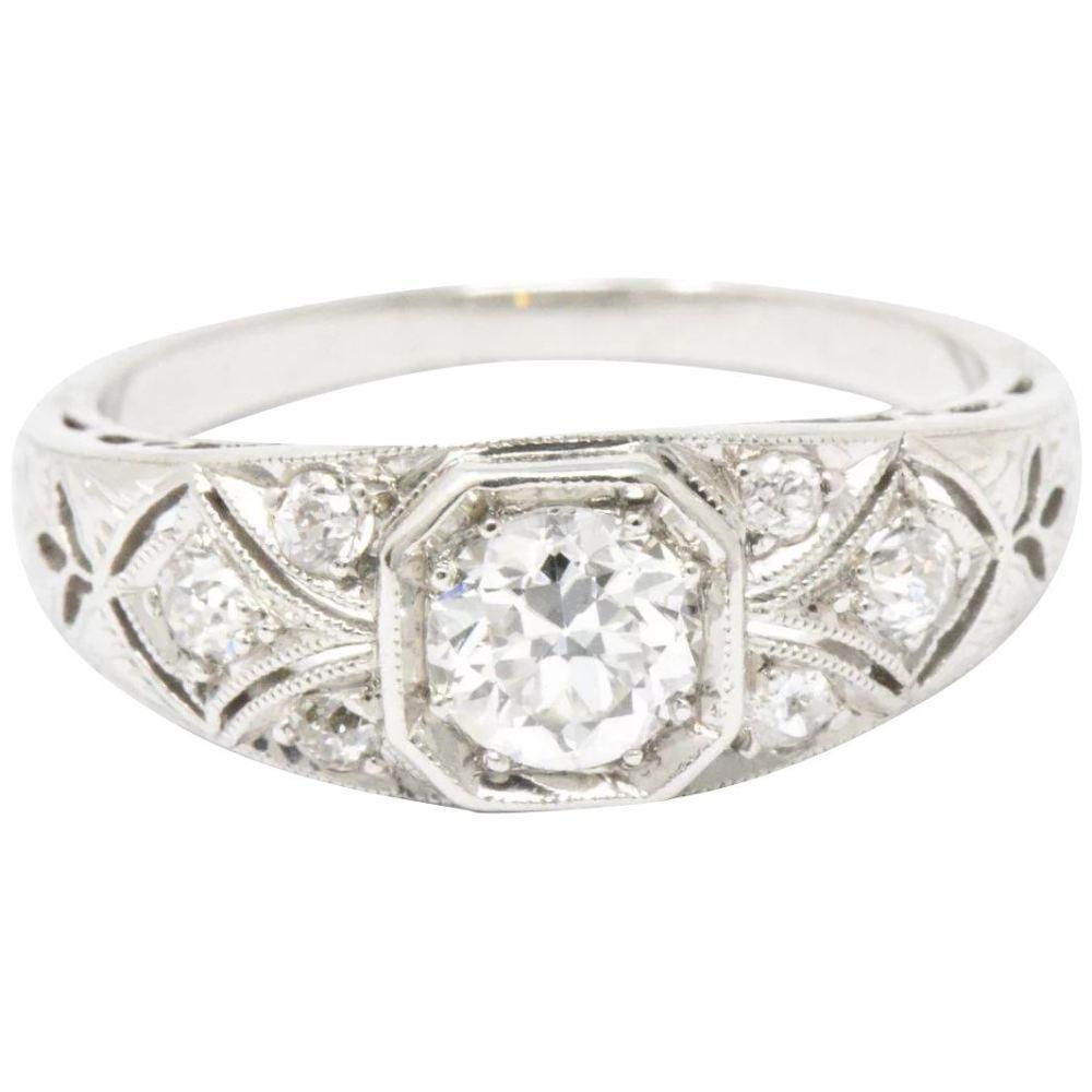 Art Deco 0.70 CTW Old European Diamond Platinum Engagement Alternative Ring