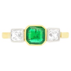 Antique Art Deco 0.70ct Emerald and Diamond Three Stone Ring, C.1920s