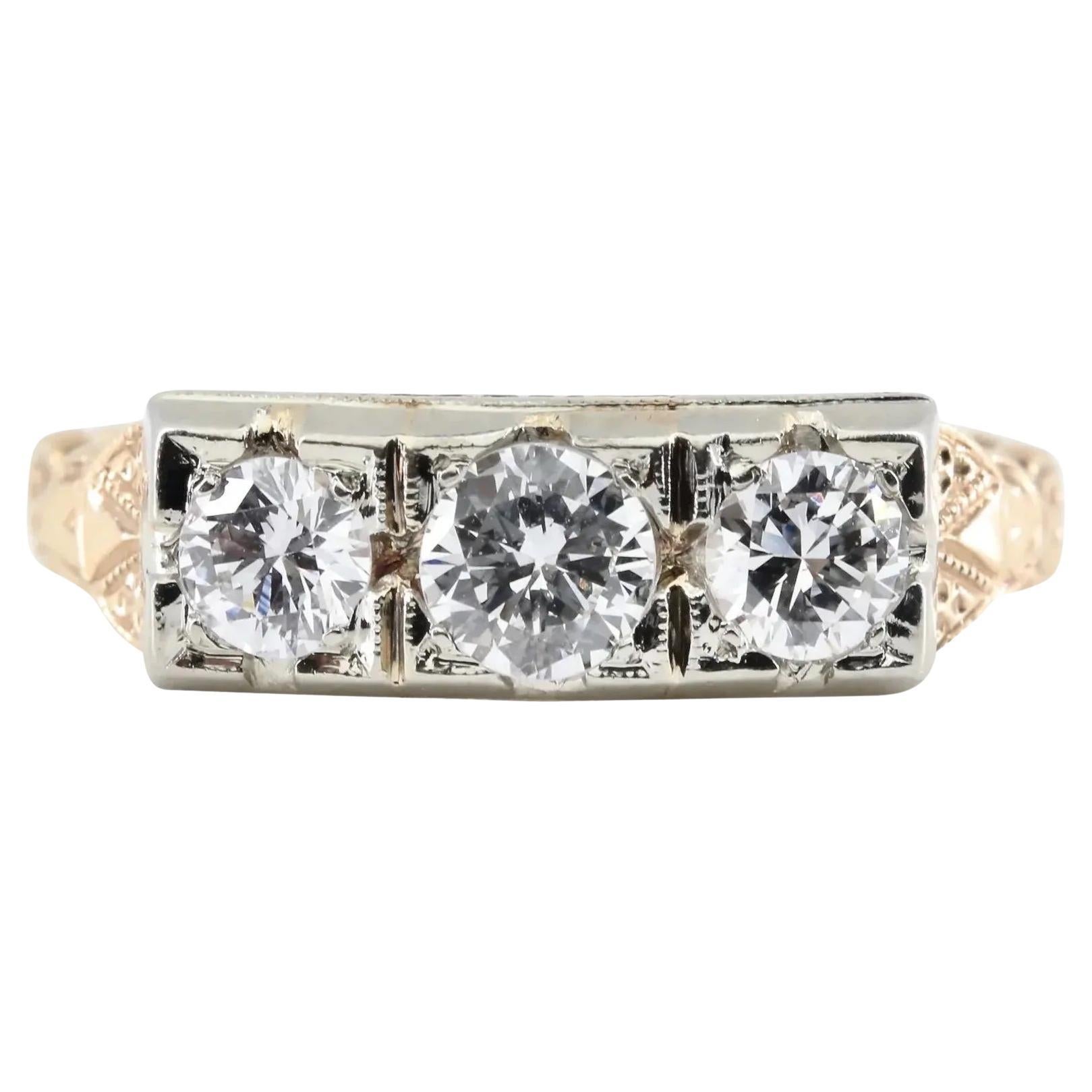Art Deco 0.70ctw Three Stone Old Euro Cut Diamond Ring in 14K Gold For Sale