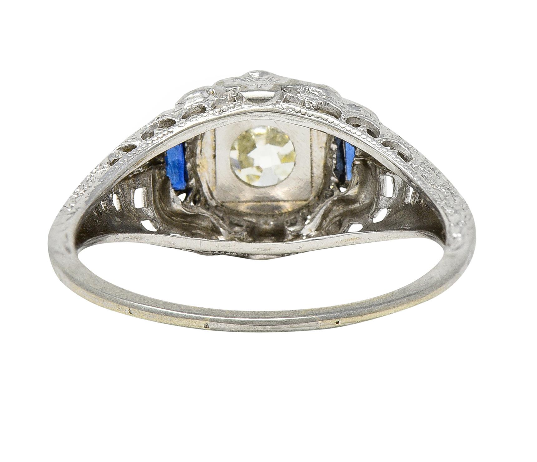 Art Deco 0.71 CTW Diamond Sapphire 18 Karat White Gold Vintage Engagement Ring 5