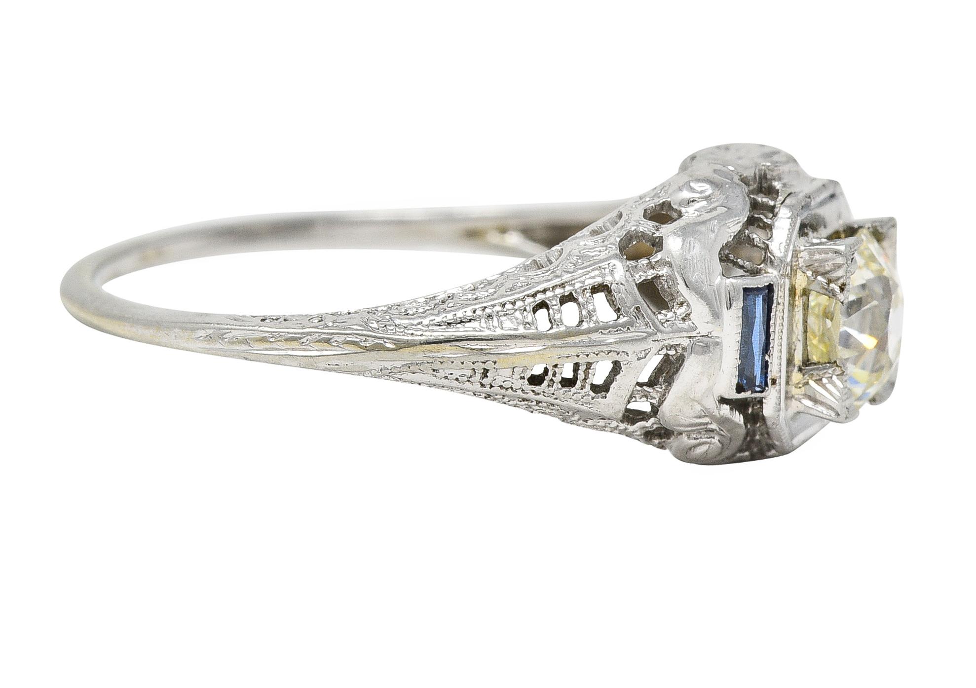 Art Deco 0.71 CTW Diamond Sapphire 18 Karat White Gold Vintage Engagement Ring 6