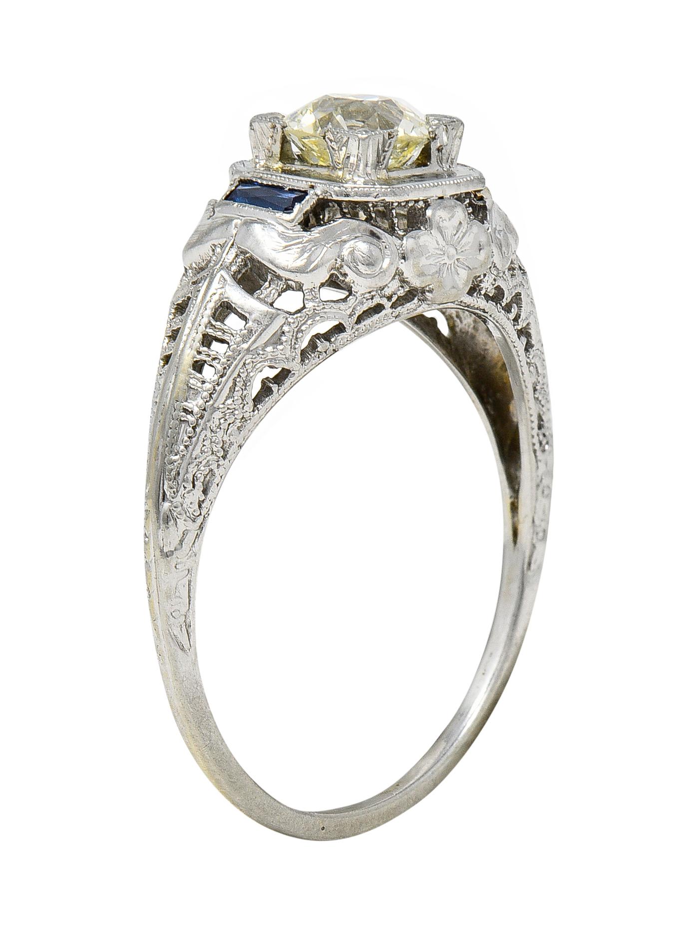 Art Deco 0.71 CTW Diamond Sapphire 18 Karat White Gold Vintage Engagement Ring 7