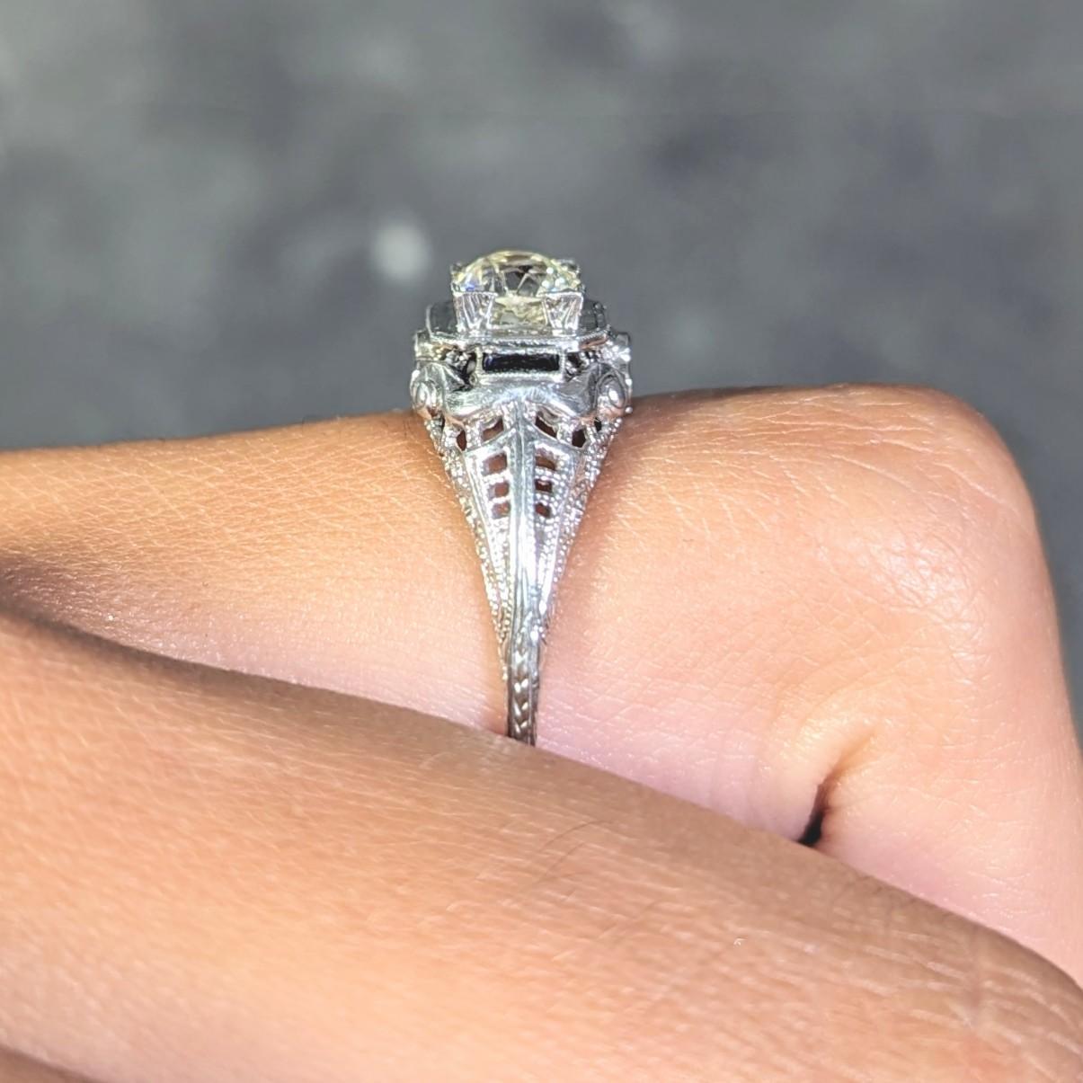 Art Deco 0.71 CTW Diamond Sapphire 18 Karat White Gold Vintage Engagement Ring 9