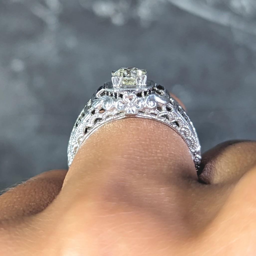Art Deco 0.71 CTW Diamond Sapphire 18 Karat White Gold Vintage Engagement Ring 10