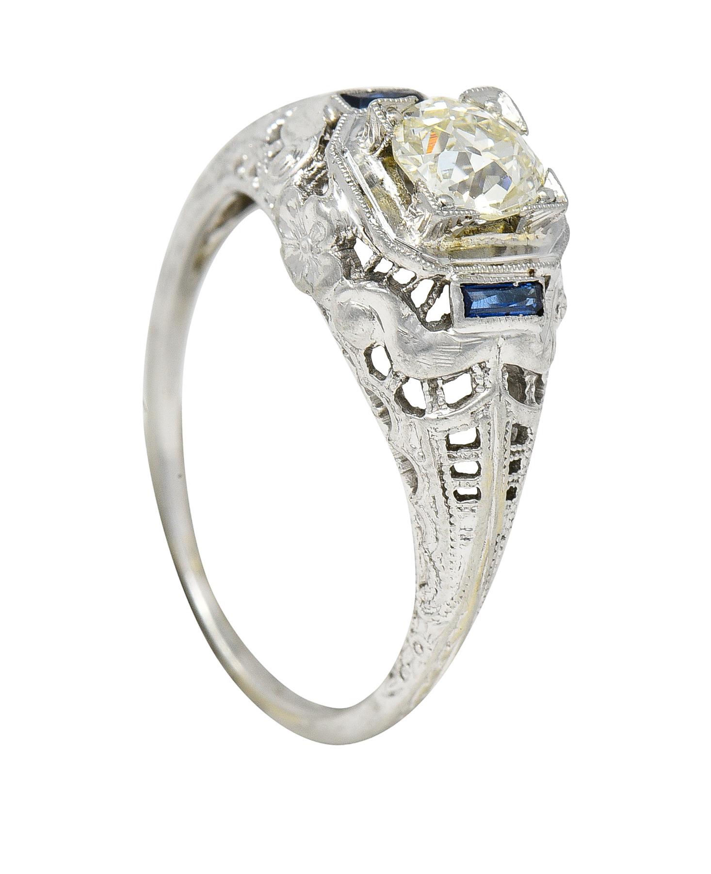 Old European Cut Art Deco 0.71 CTW Diamond Sapphire 18 Karat White Gold Vintage Engagement Ring