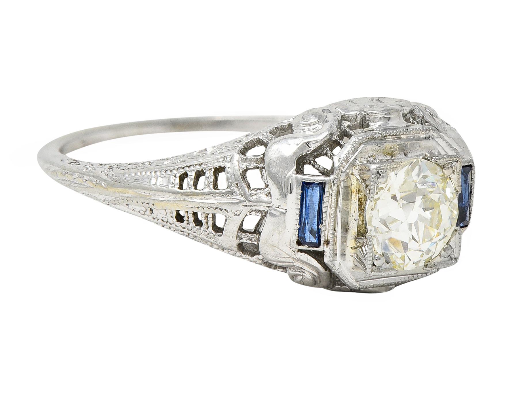 Art Deco 0.71 CTW Diamond Sapphire 18 Karat White Gold Vintage Engagement Ring In Excellent Condition In Philadelphia, PA