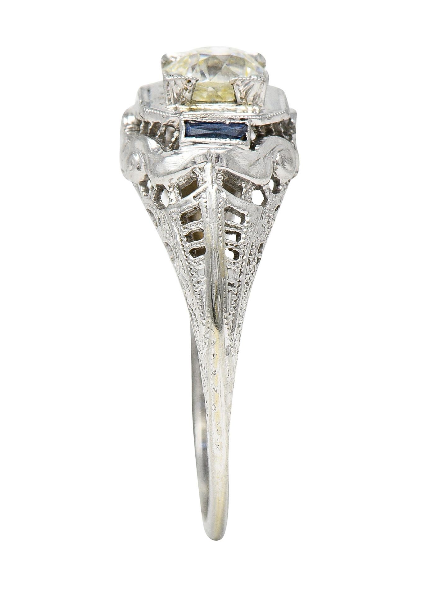 Women's or Men's Art Deco 0.71 CTW Diamond Sapphire 18 Karat White Gold Vintage Engagement Ring
