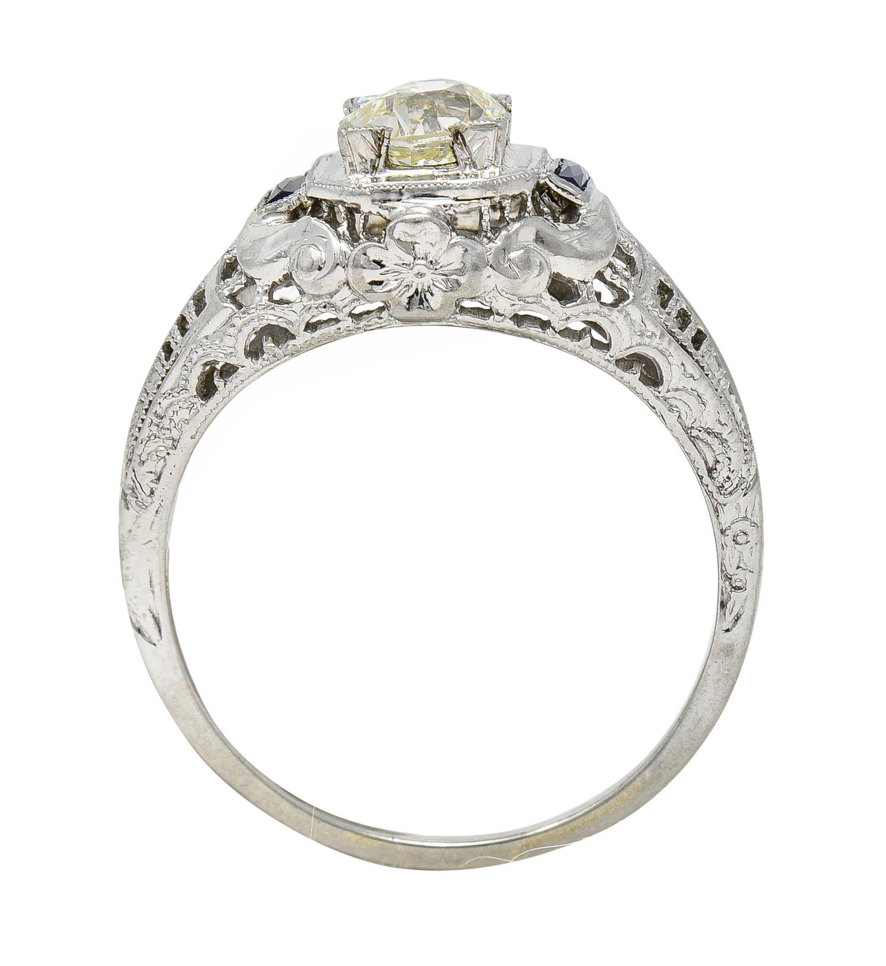 Art Deco 0.71 CTW Diamond Sapphire 18 Karat White Gold Vintage Engagement Ring 1