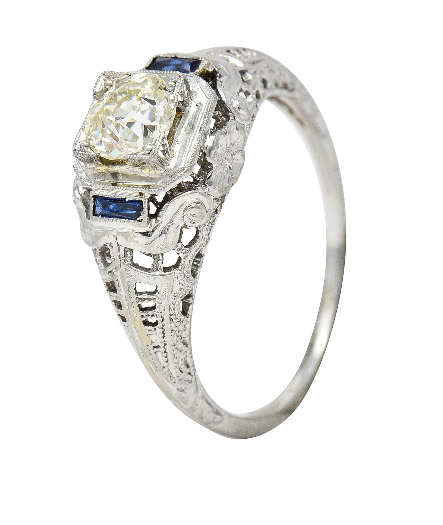 Art Deco 0.71 CTW Diamond Sapphire 18 Karat White Gold Vintage Engagement Ring 2