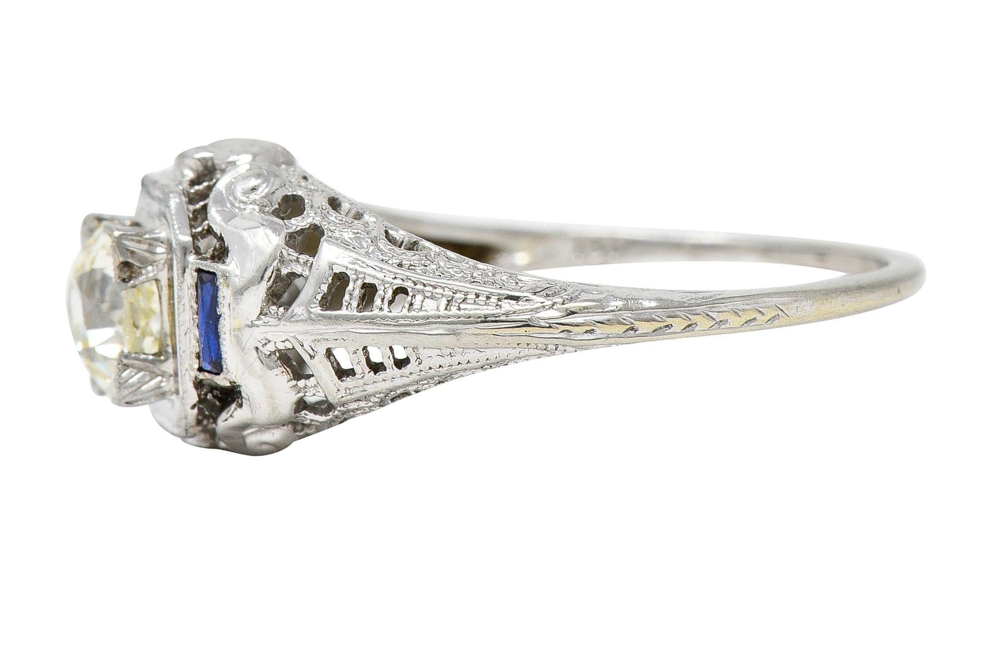 Art Deco 0.71 CTW Diamond Sapphire 18 Karat White Gold Vintage Engagement Ring 4