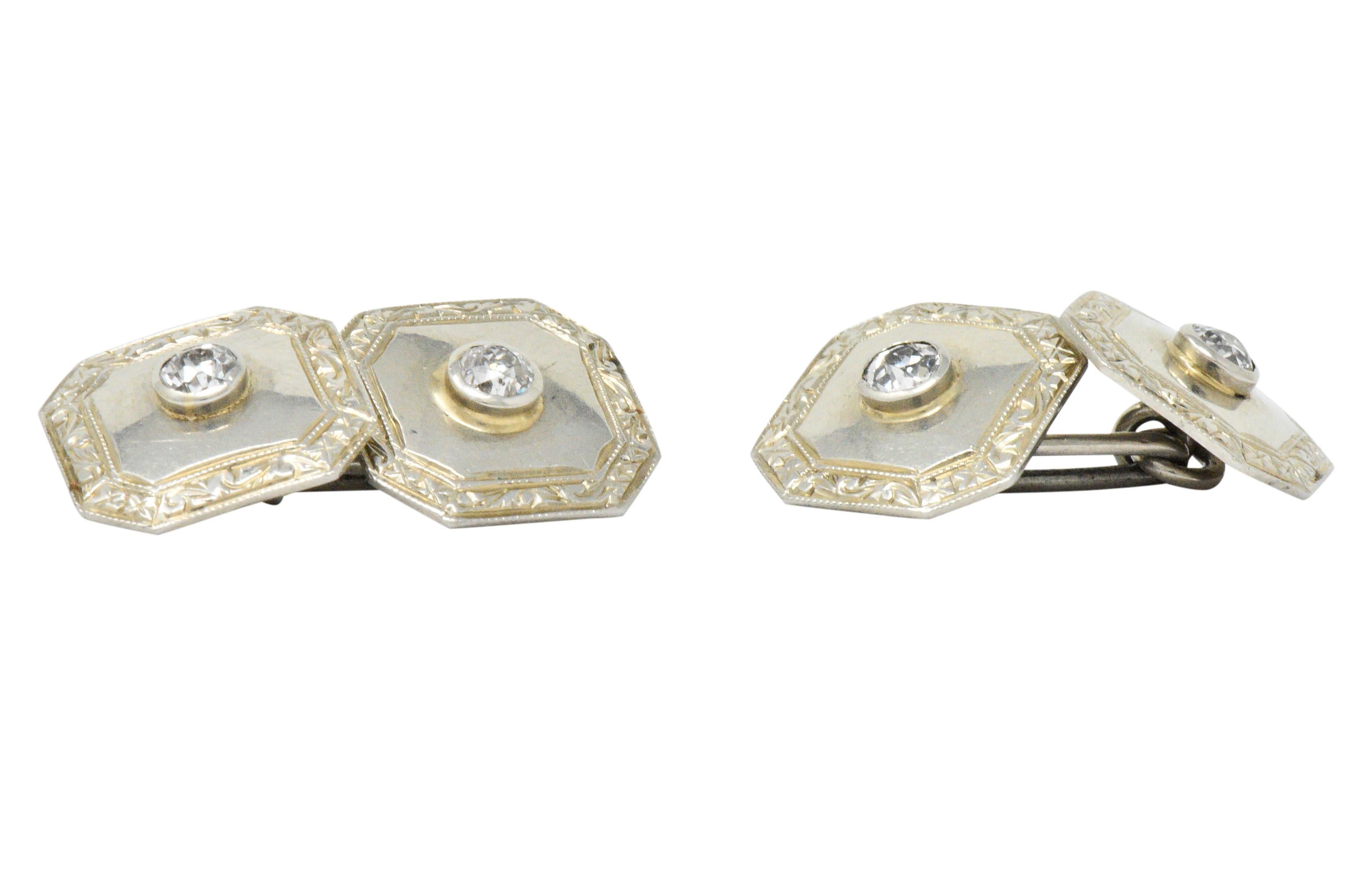Women's or Men's Art Deco 0.72 Carat Diamond 18 Karat White Gold Cufflinks