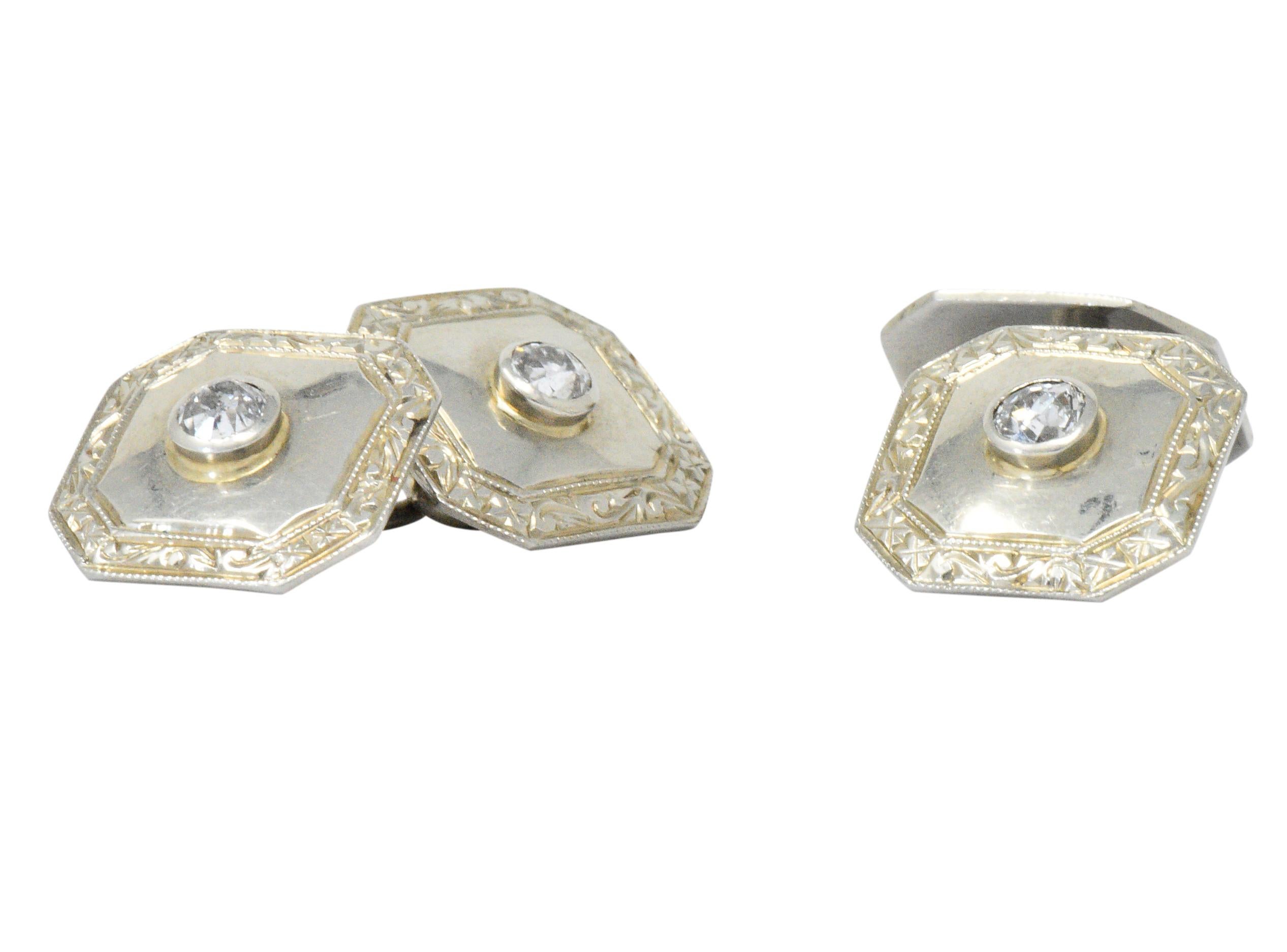 Art Deco 0.72 Carat Diamond 18 Karat White Gold Cufflinks 1