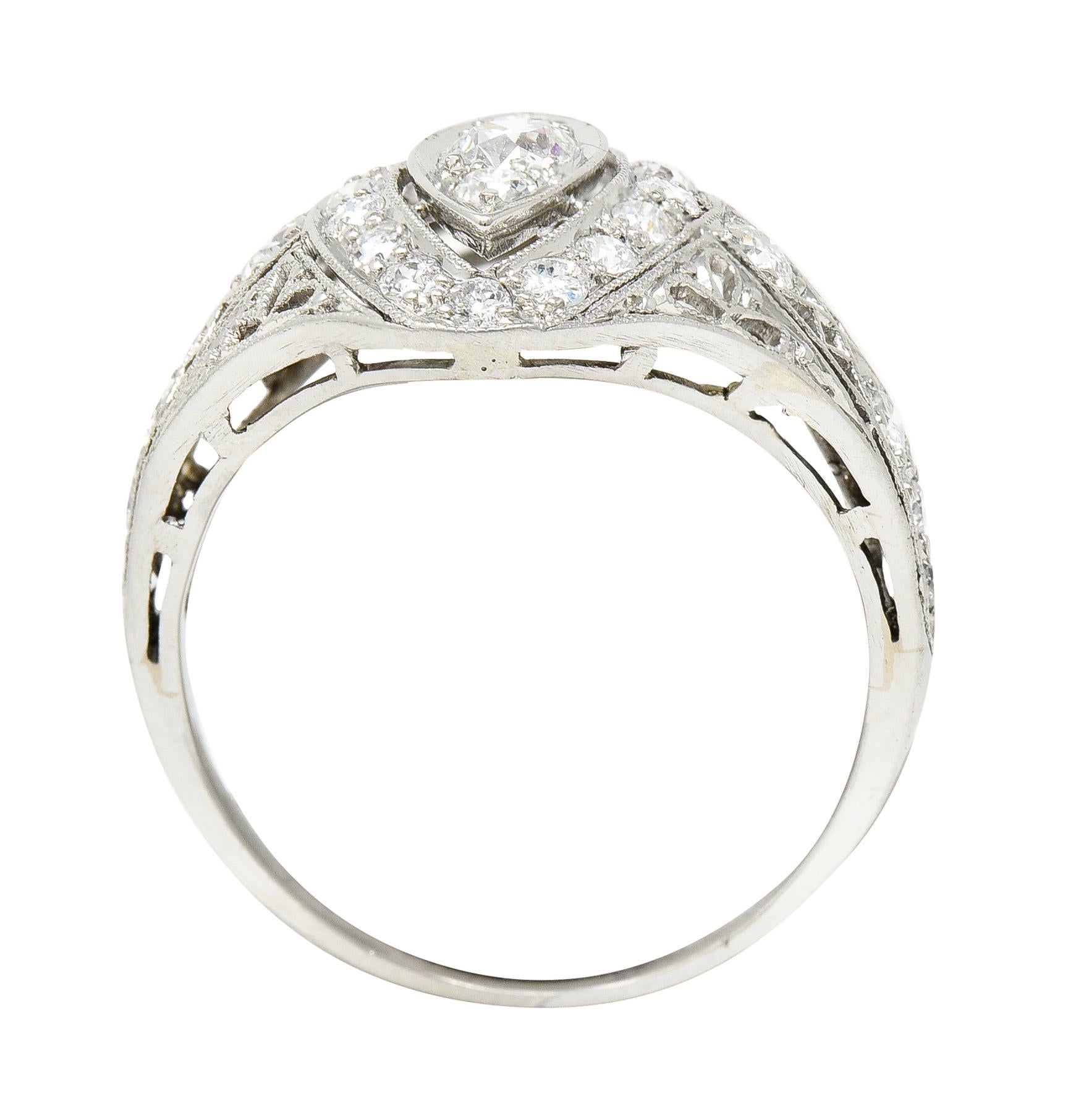 Art Deco 0.72 Carat Old European Cut Diamond Platinum Filigree Dinner Ring For Sale 6