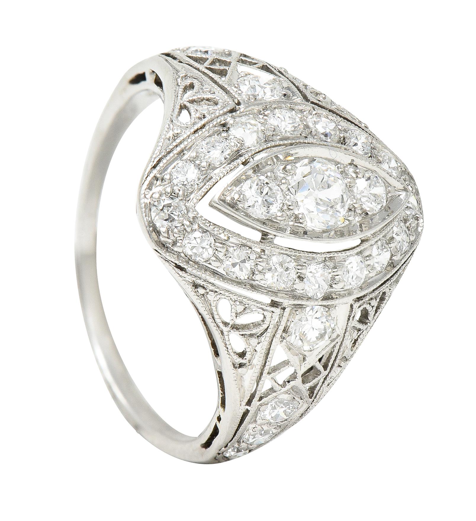 Art Deco 0.72 Carat Old European Cut Diamond Platinum Filigree Dinner Ring For Sale 7