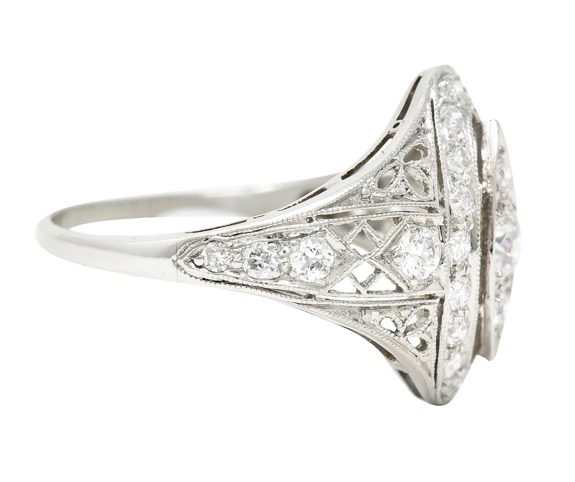 Women's or Men's Art Deco 0.72 Carat Old European Cut Diamond Platinum Filigree Dinner Ring For Sale