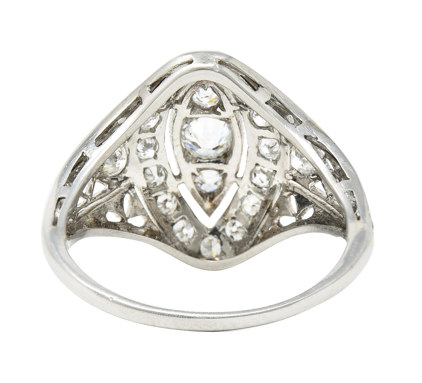 Art Deco 0.72 Carat Old European Cut Diamond Platinum Filigree Dinner Ring For Sale 1