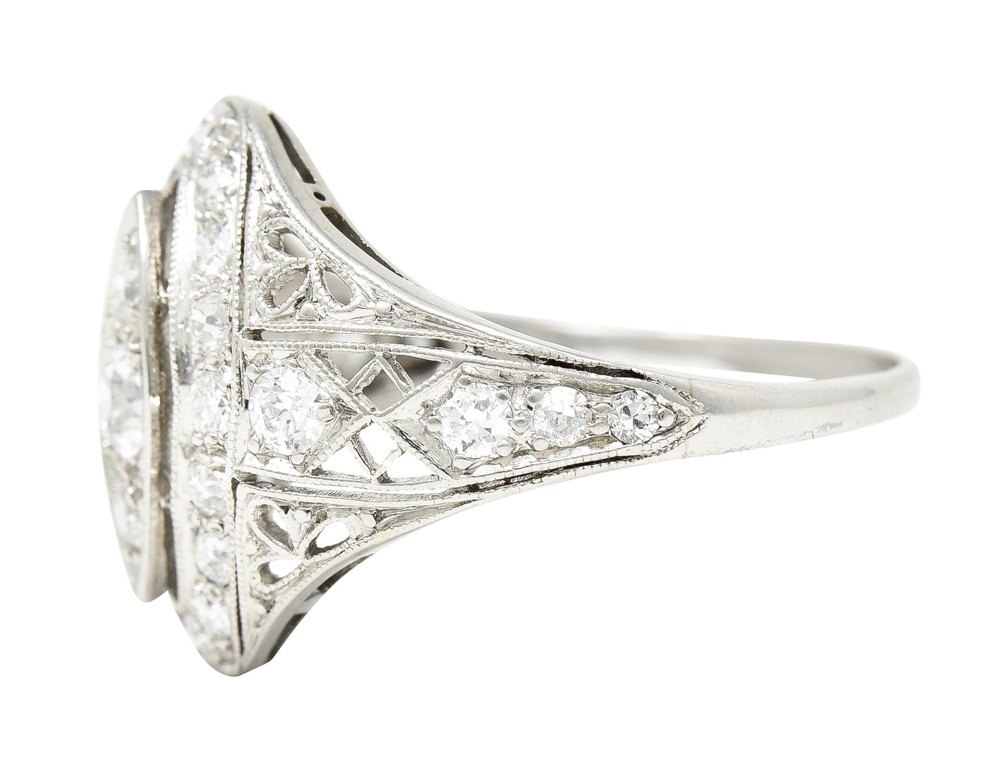Art Deco 0.72 Carat Old European Cut Diamond Platinum Filigree Dinner Ring For Sale 2
