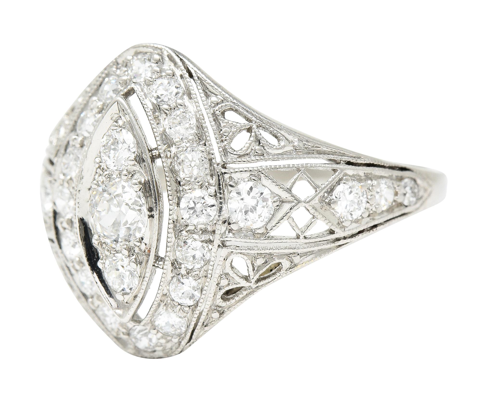 Art Deco 0.72 Carat Old European Cut Diamond Platinum Filigree Dinner Ring For Sale 3