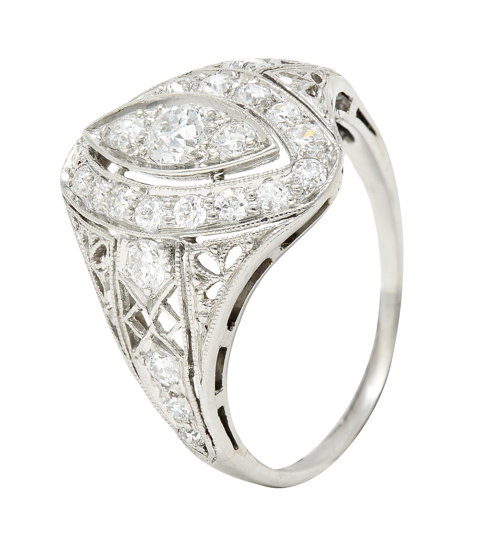 Art Deco 0.72 Carat Old European Cut Diamond Platinum Filigree Dinner Ring For Sale 4
