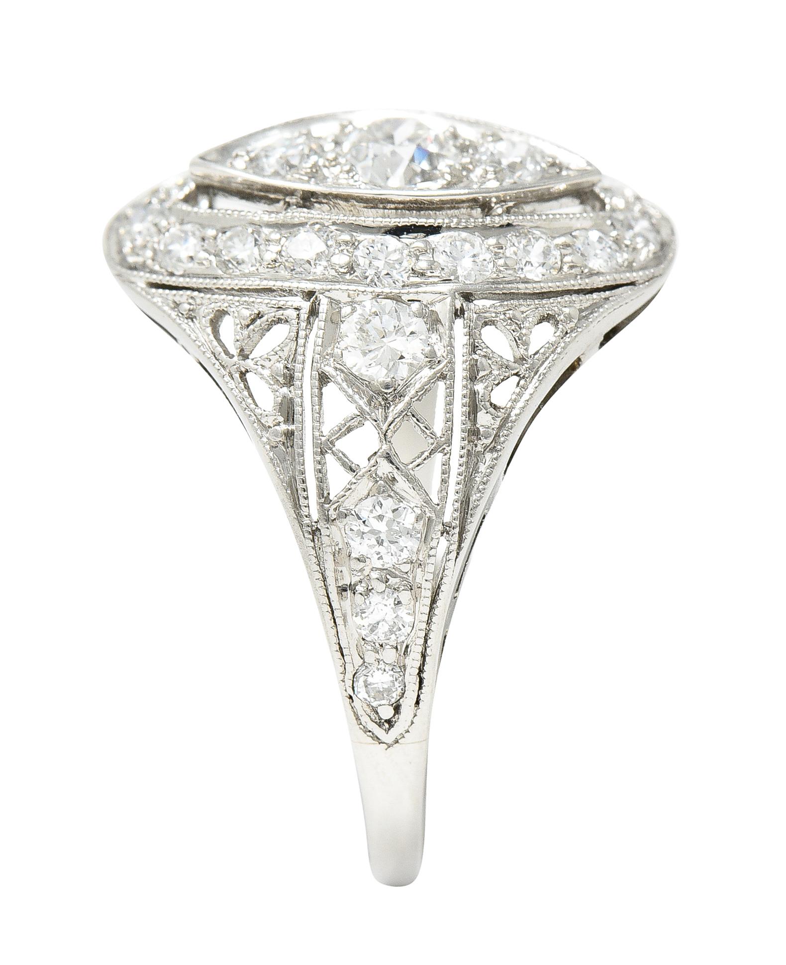 Art Deco 0.72 Carat Old European Cut Diamond Platinum Filigree Dinner Ring For Sale 5