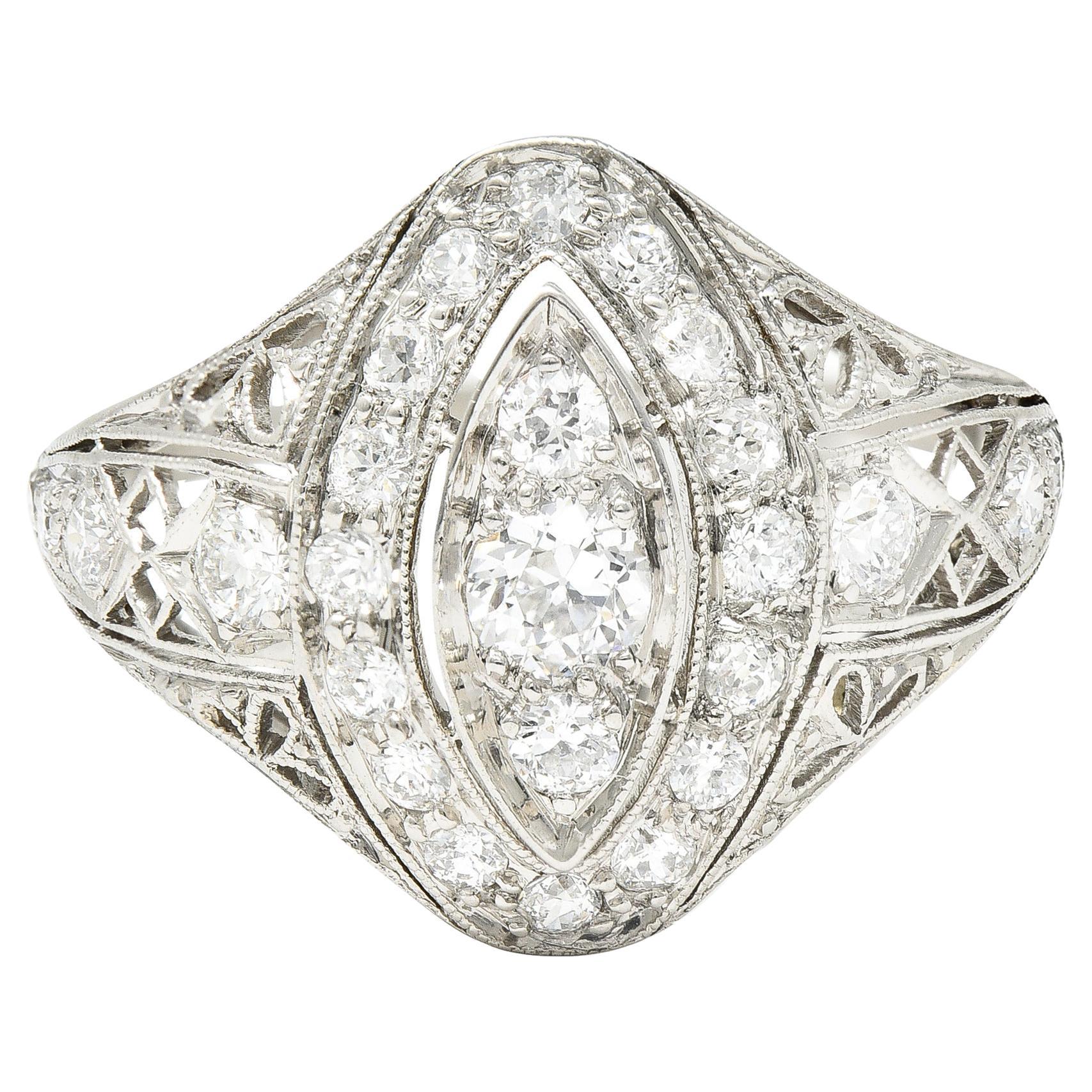 Art Deco 0.72 Carat Old European Cut Diamond Platinum Filigree Dinner Ring For Sale