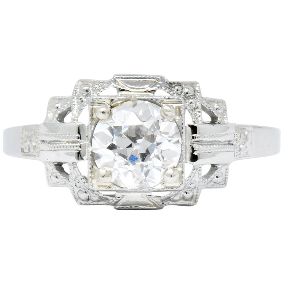 Art Deco 0.73 Carat Diamond 18 Karat White Gold Engagement Ring GIA