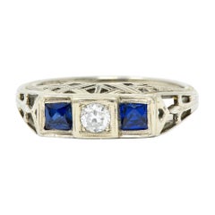 Art Deco 0.73 Carat Diamond Sapphire 19 Karat White Gold Band Ring