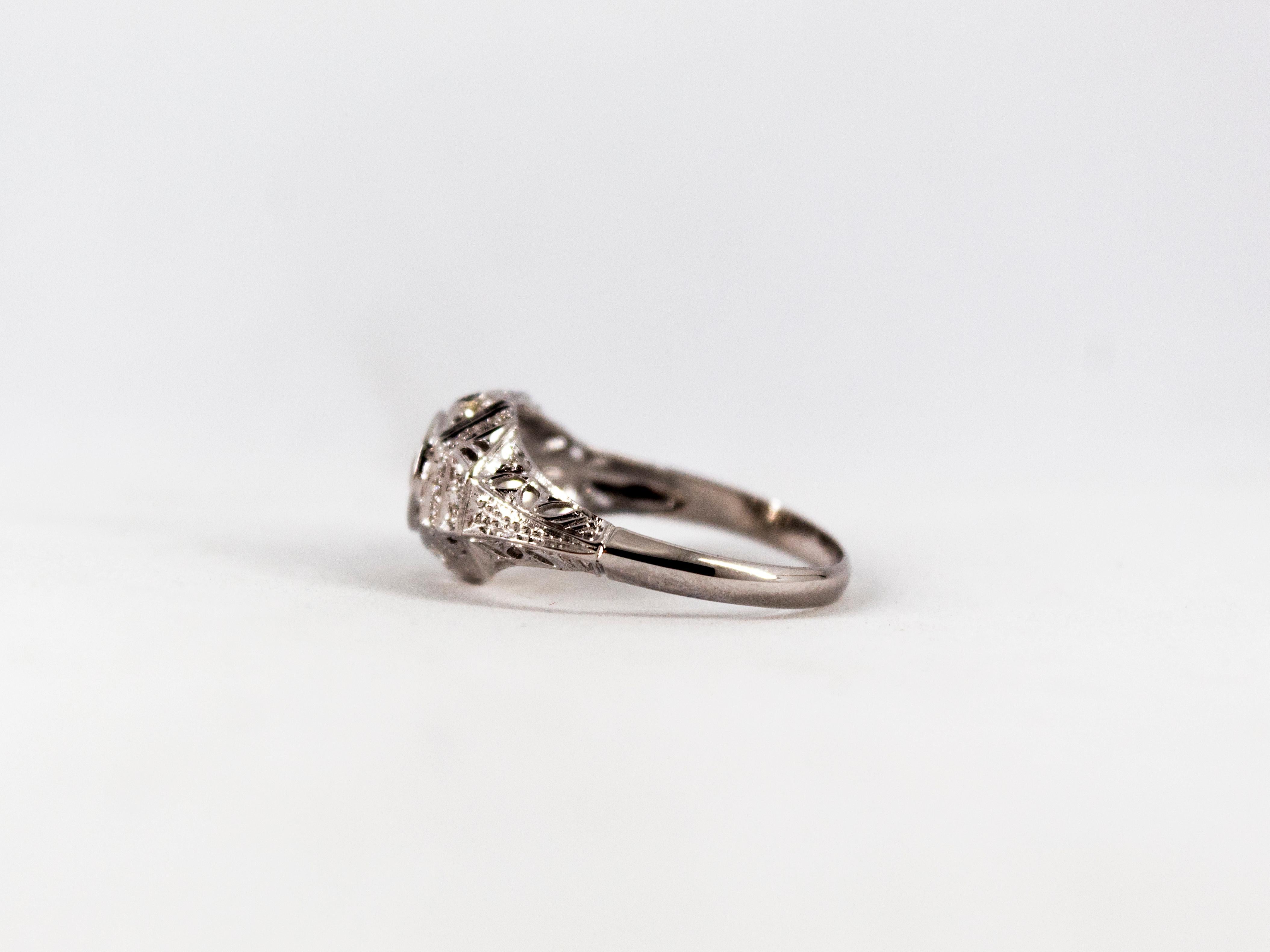 Art Deco 0.73 Carat White Old European Cut Diamond White Gold Cocktail Ring For Sale 9