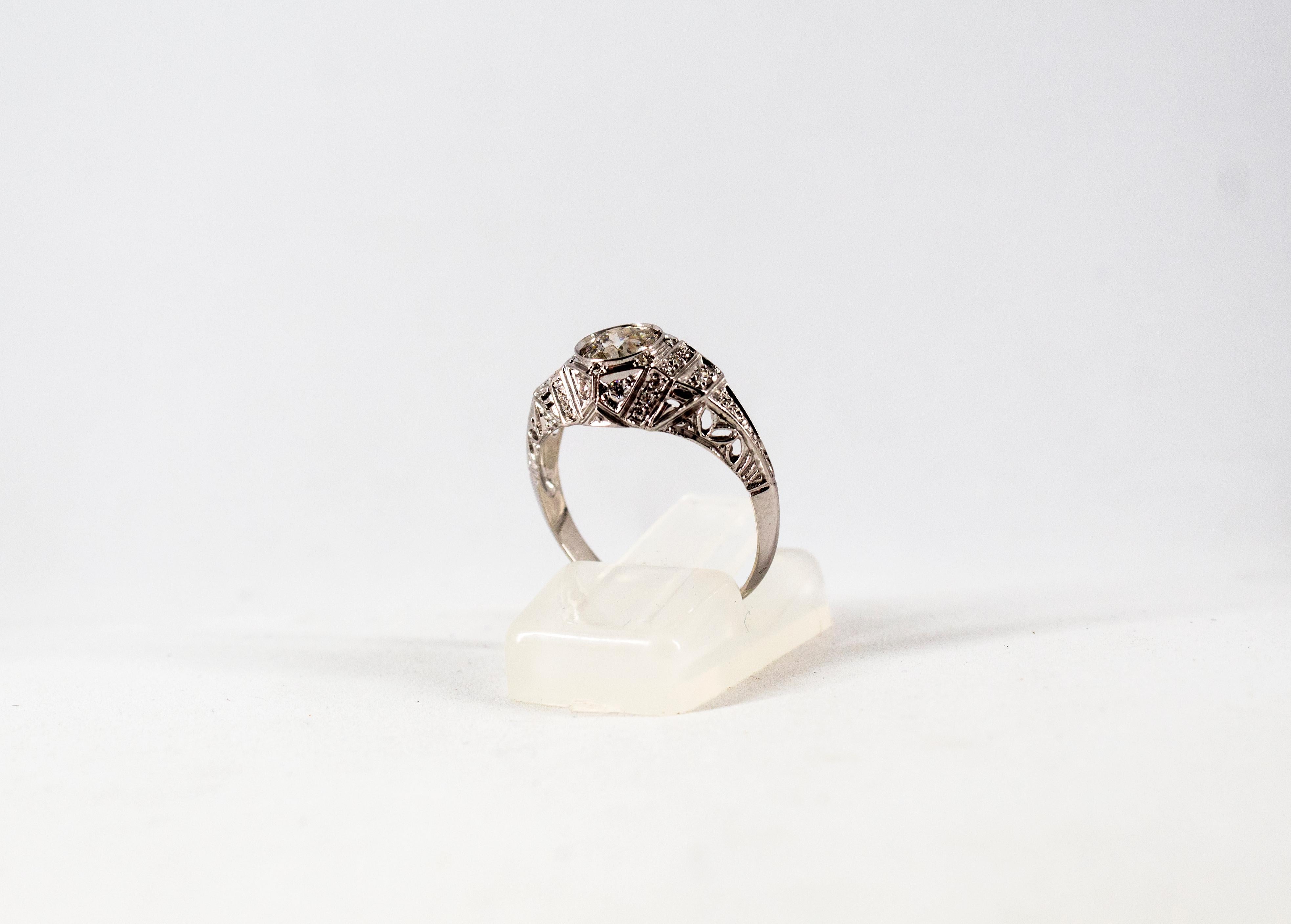 Art Deco 0.73 Carat White Old European Cut Diamond White Gold Cocktail Ring In New Condition For Sale In Naples, IT