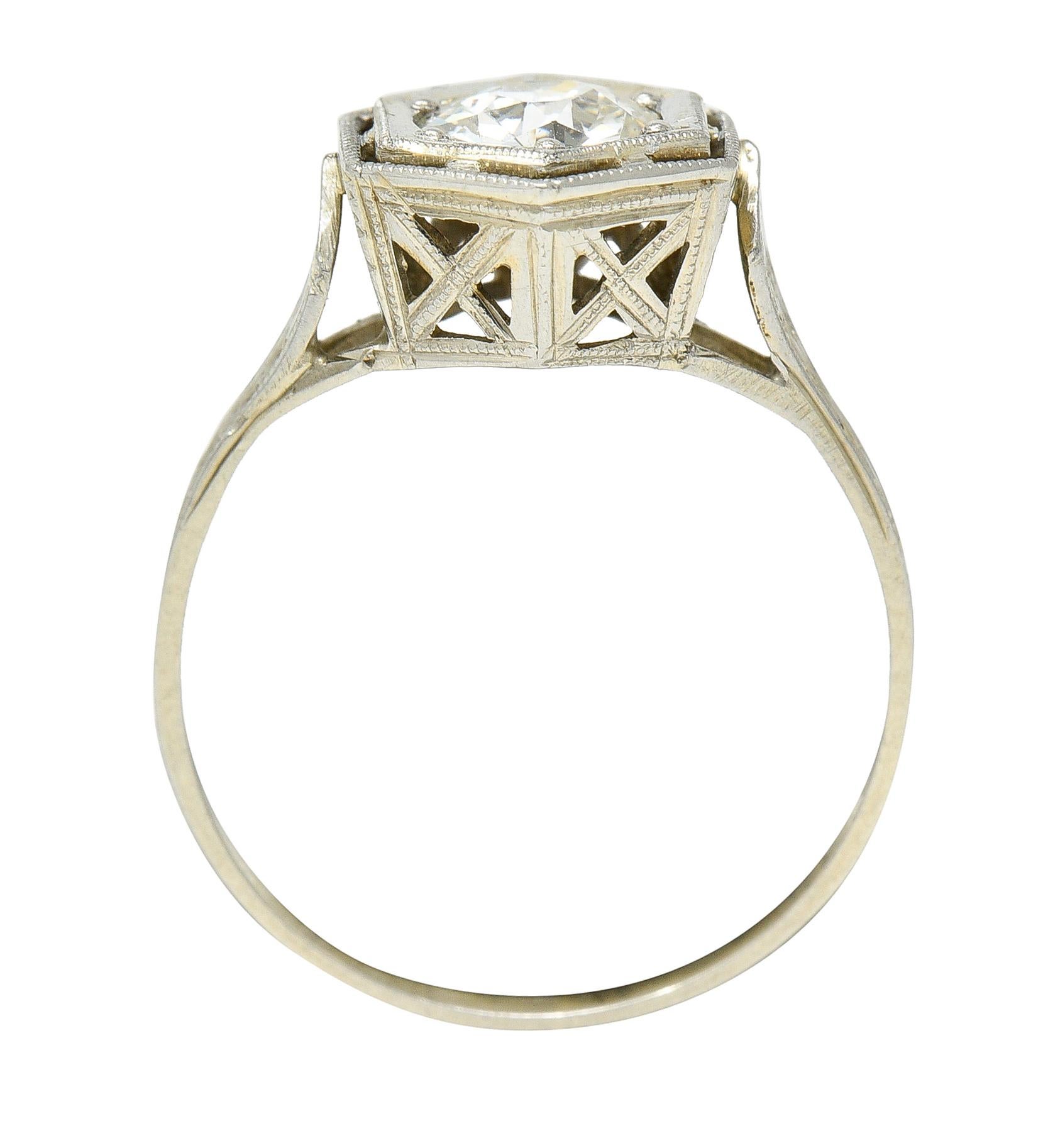 Art Deco 0.74 Carat Old European Cut Diamond 20 Karat White Gold Engagement Ring For Sale 3