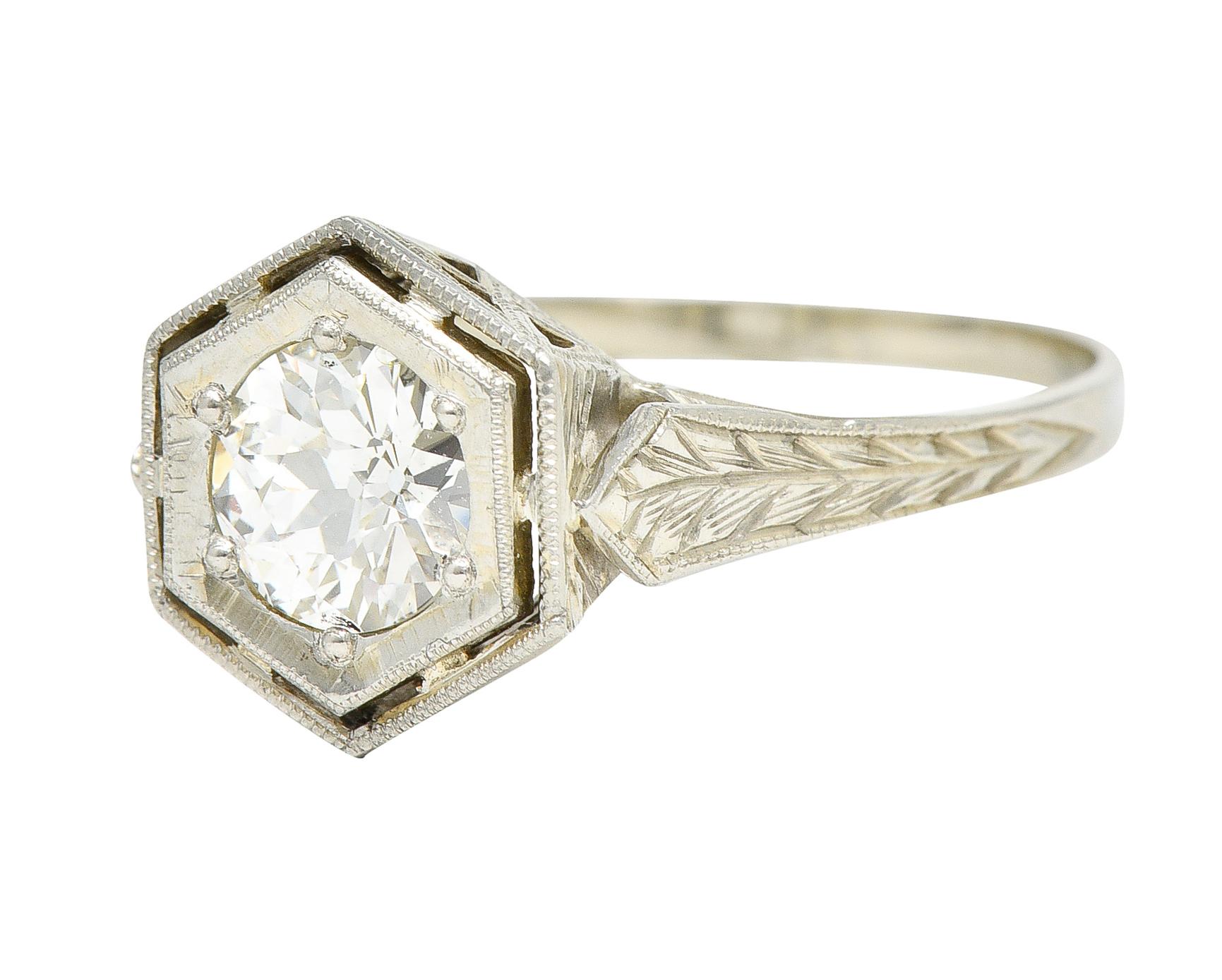 Art Deco 0.74 Carat Old European Cut Diamond 20 Karat White Gold Engagement Ring In Excellent Condition For Sale In Philadelphia, PA