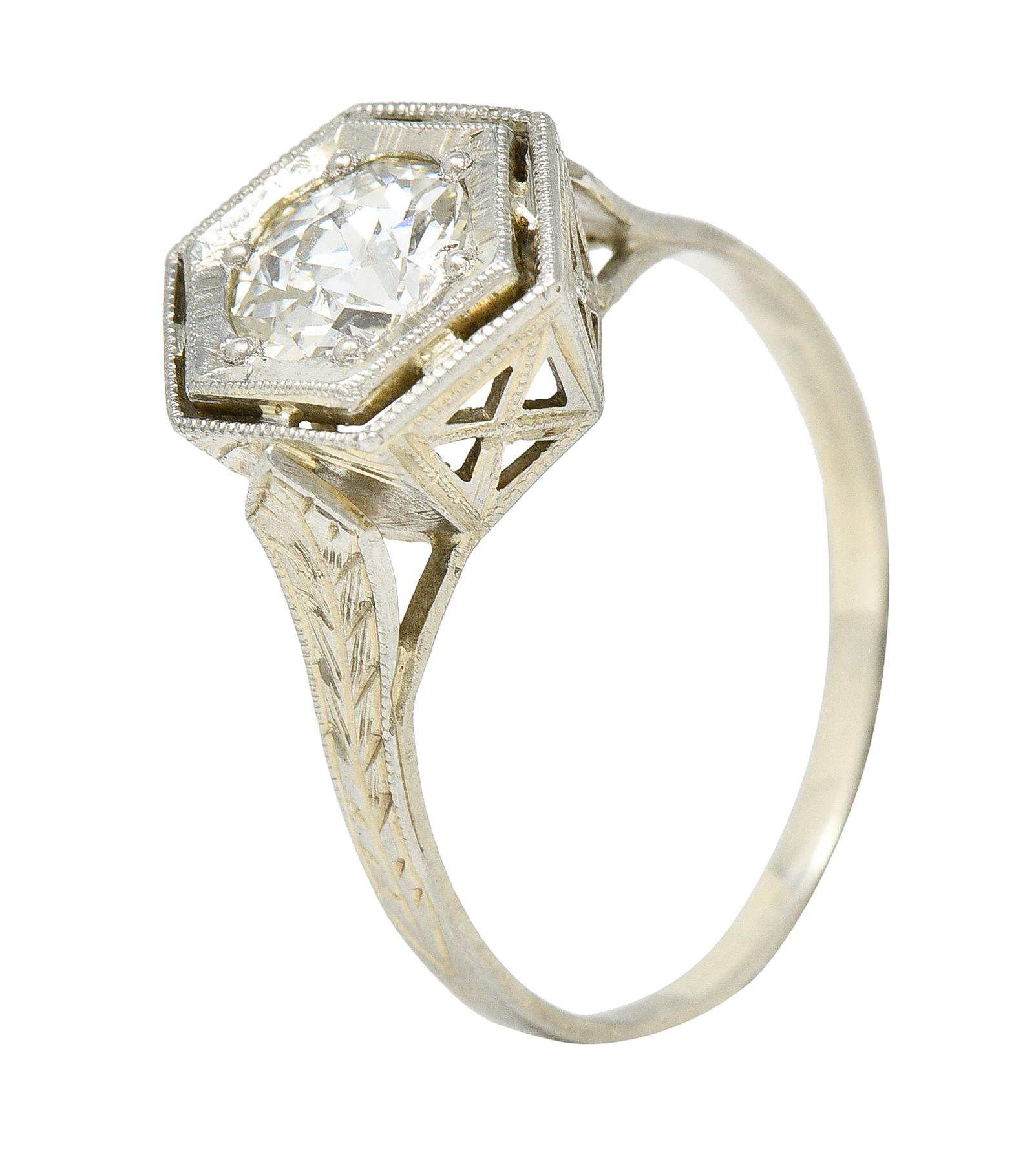 Art Deco 0.74 Carat Old European Cut Diamond 20 Karat White Gold Engagement Ring For Sale 1