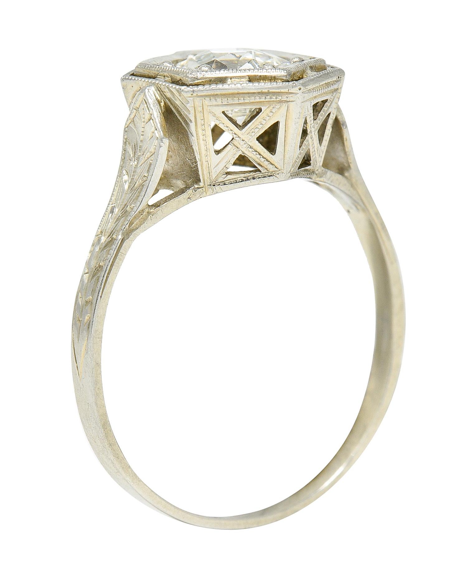 Art Deco 0.74 Carat Old European Cut Diamond 20 Karat White Gold Engagement Ring For Sale 2