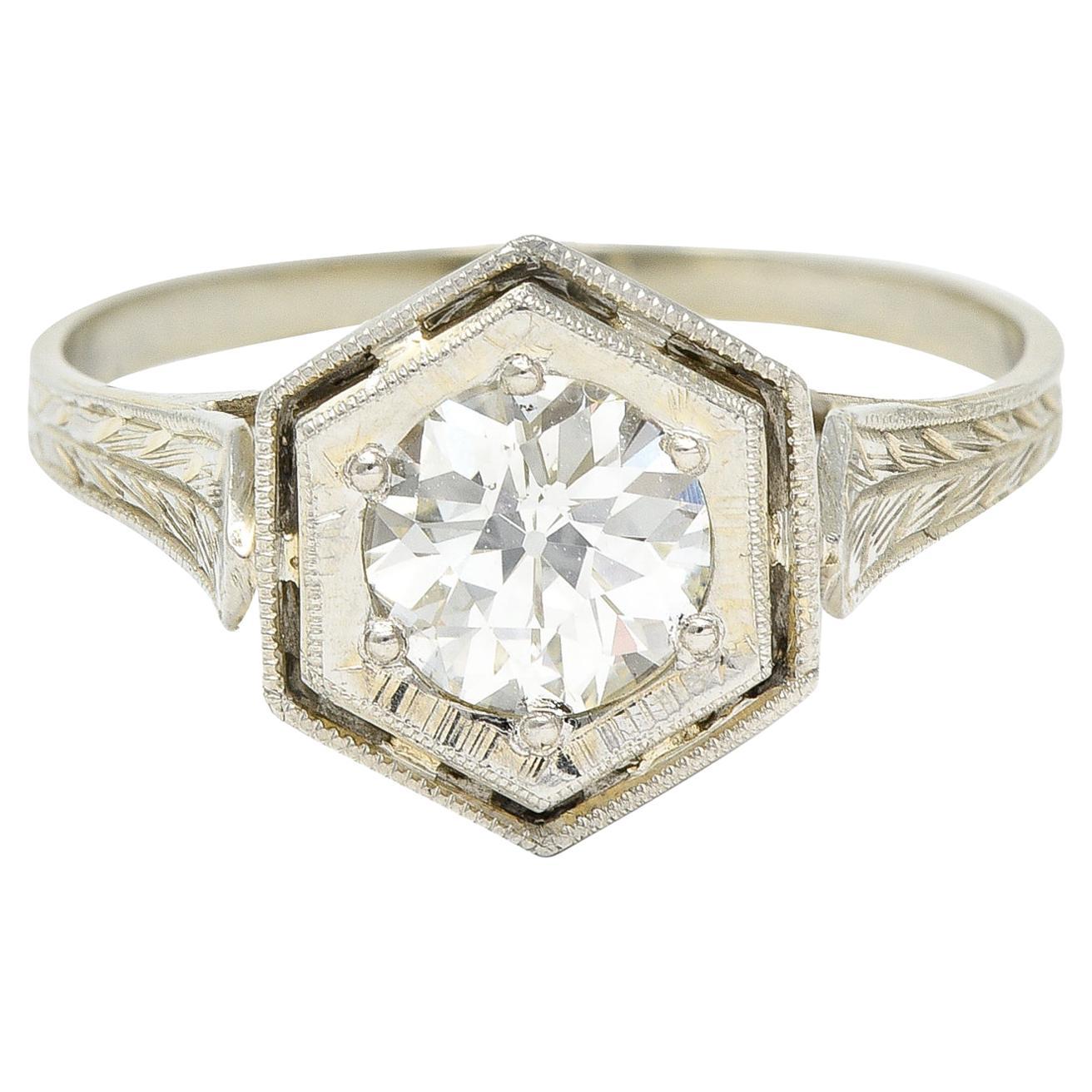 Art Deco 0.74 Carat Old European Cut Diamond 20 Karat White Gold Engagement Ring For Sale