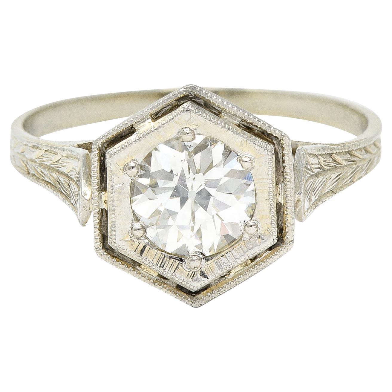 Anillo de compromiso Art Decó de oro blanco de 20 quilates con diamante talla europea antigua de 0,74 quilates