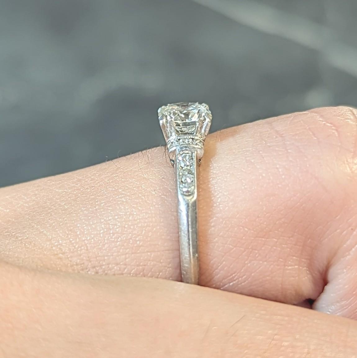 Art Deco 0.74 CTW Transitional Cut Diamond Platinum Arch Engagement Ring For Sale 7
