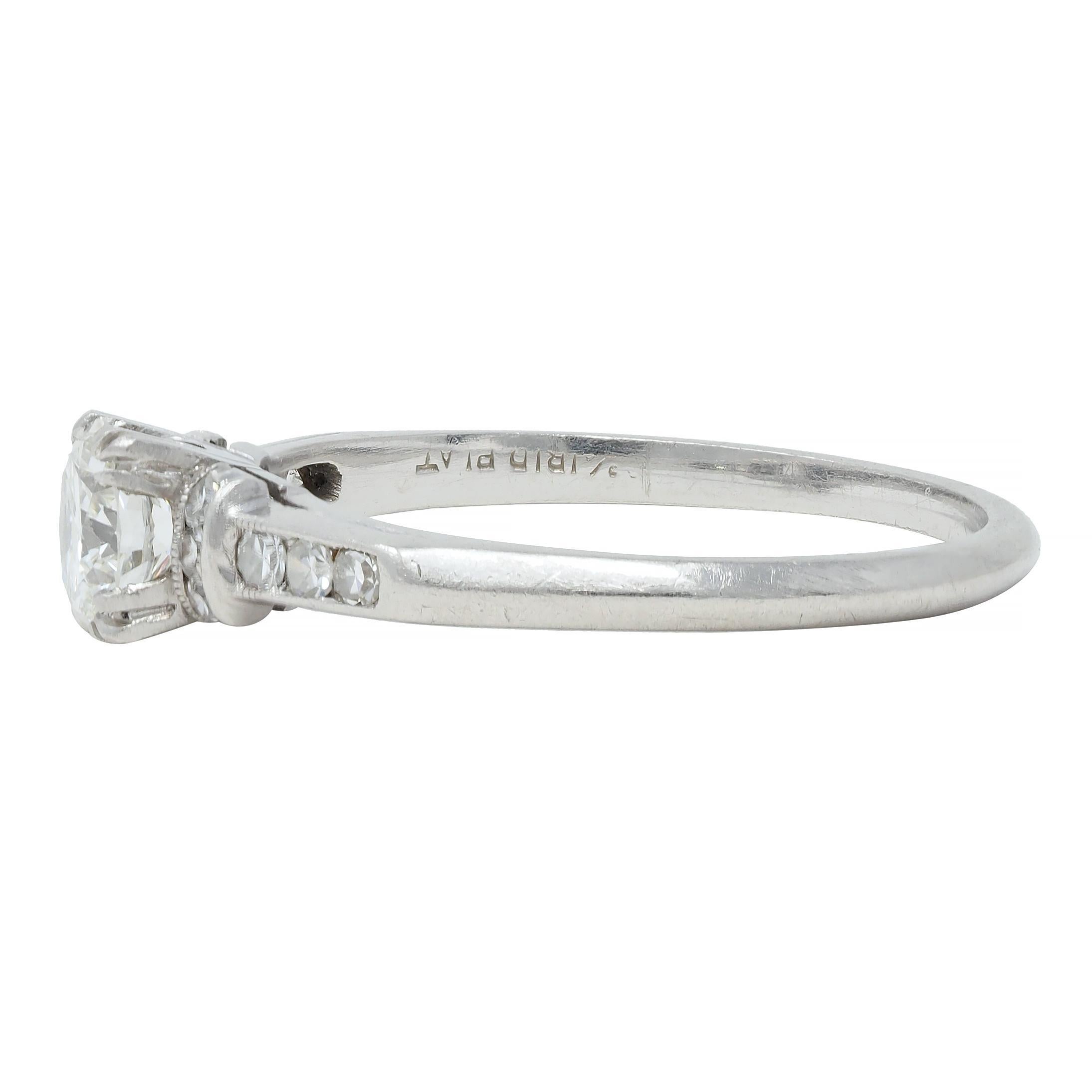Women's or Men's Art Deco 0.74 CTW Transitional Cut Diamond Platinum Arch Engagement Ring For Sale