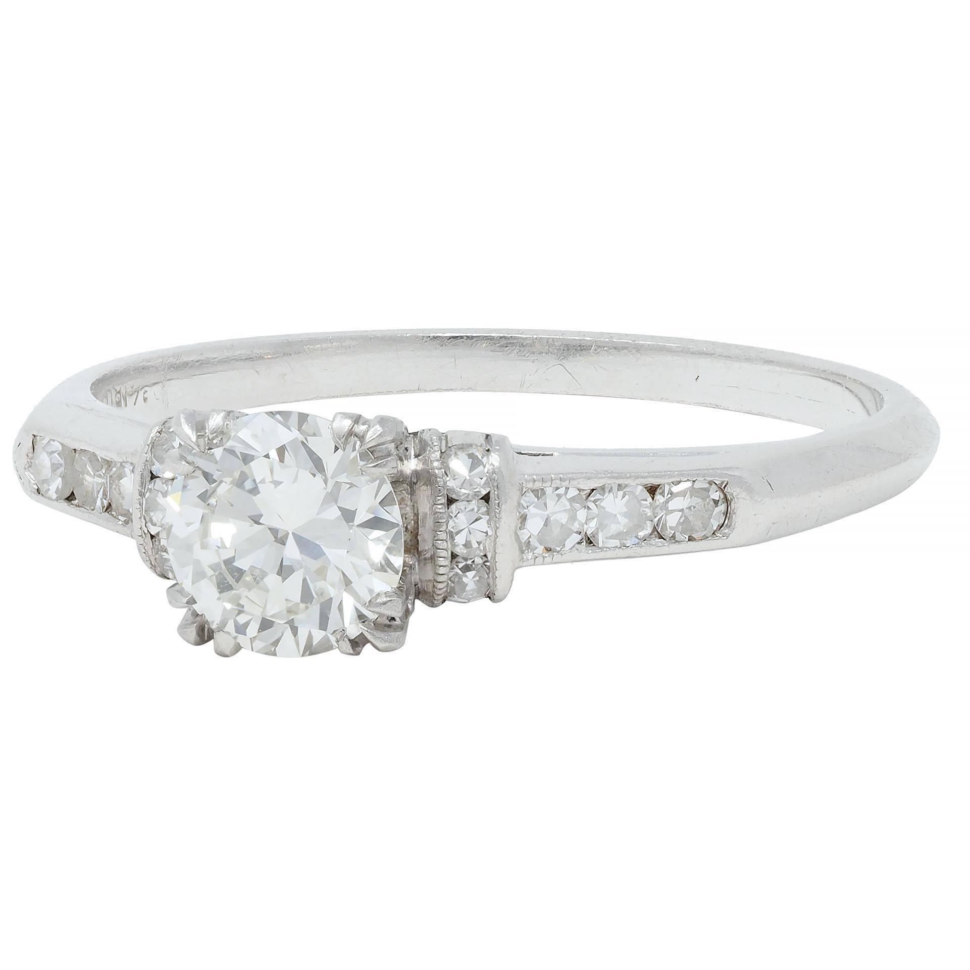 Art Deco 0.74 CTW Transitional Cut Diamond Platinum Arch Engagement Ring For Sale 1