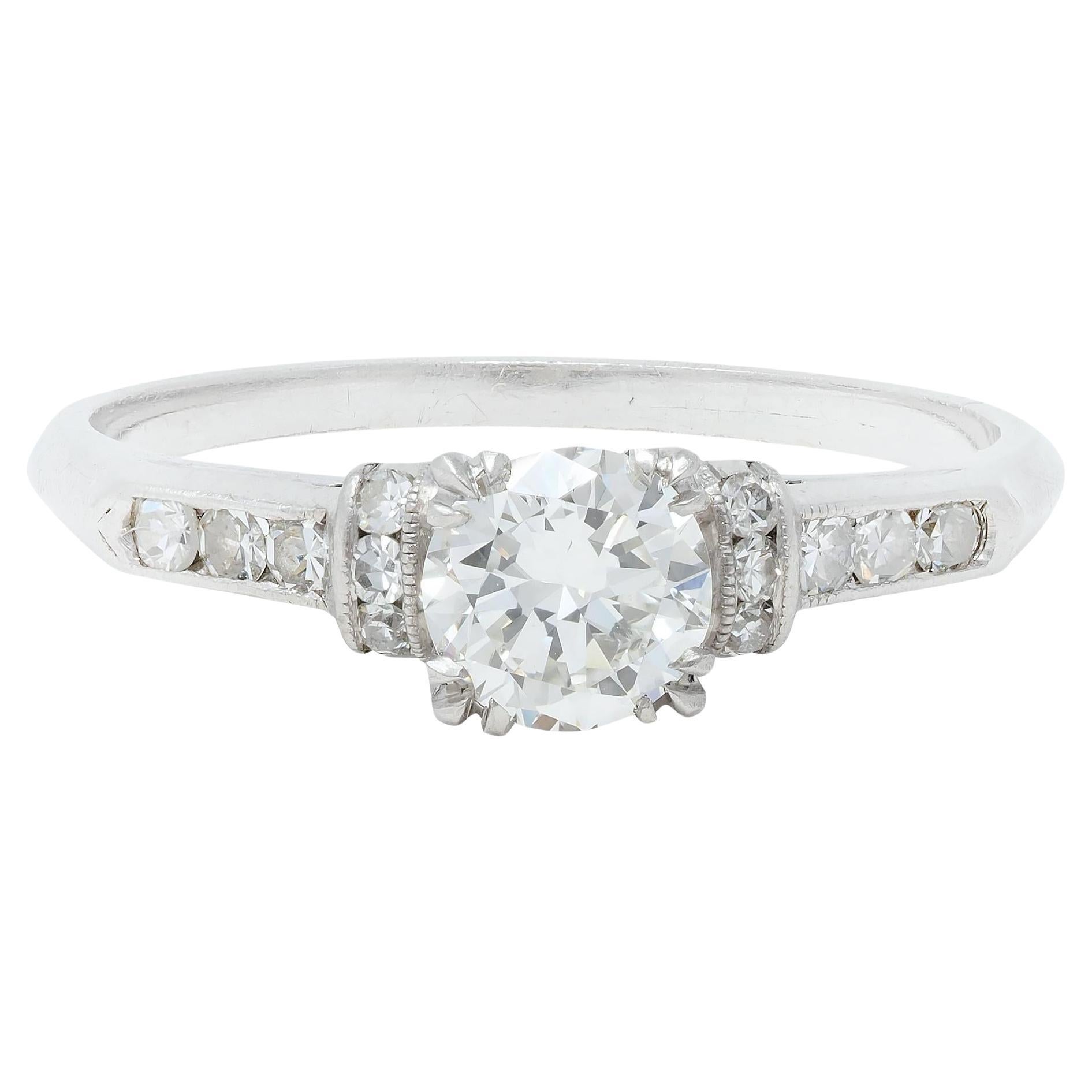 Art Deco 0.74 CTW Transitional Cut Diamond Platinum Arch Engagement Ring For Sale