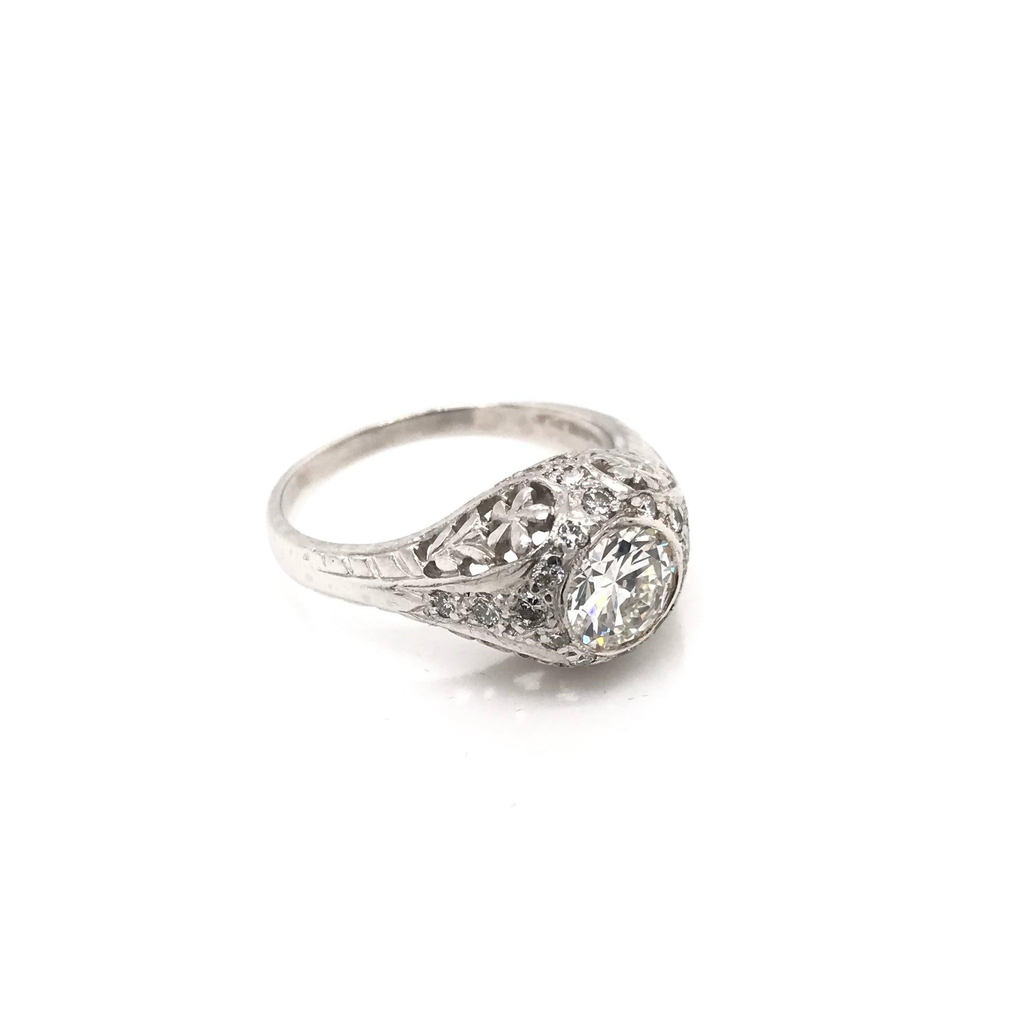 Old European Cut Art Deco 0.75 Carat Diamond and Platinum Filigree Ring For Sale