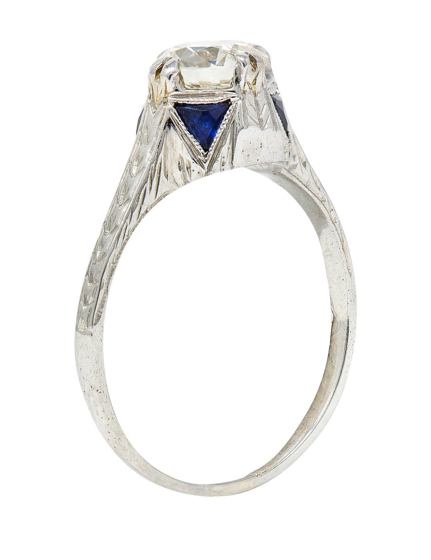 Art Deco 0.75 Carat Diamond Sapphire 18 White Gold Engagement Ring For Sale 5
