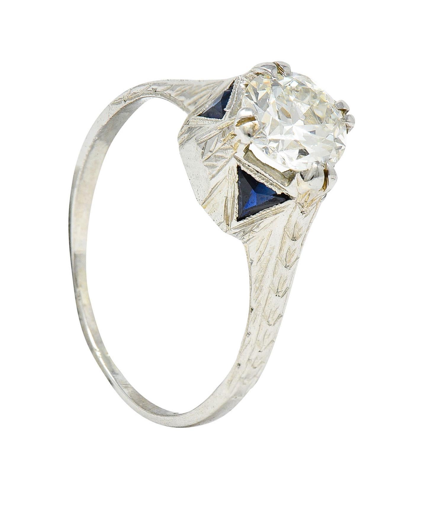 Art Deco 0.75 Carat Diamond Sapphire 18 White Gold Engagement Ring For Sale 6