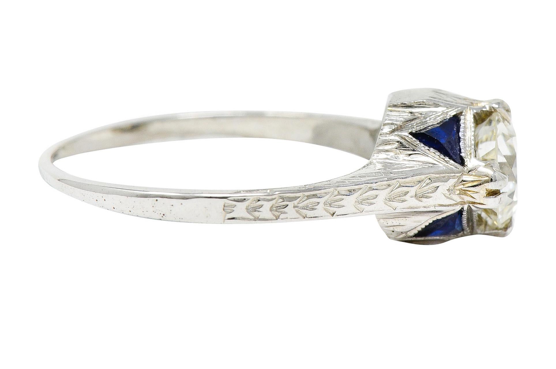 Round Cut Art Deco 0.75 Carat Diamond Sapphire 18 White Gold Engagement Ring For Sale